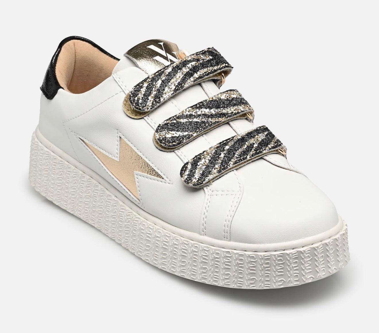Baskets éclair Vanessa Wu Dorianne blanc et or à scratchs zèbre femme