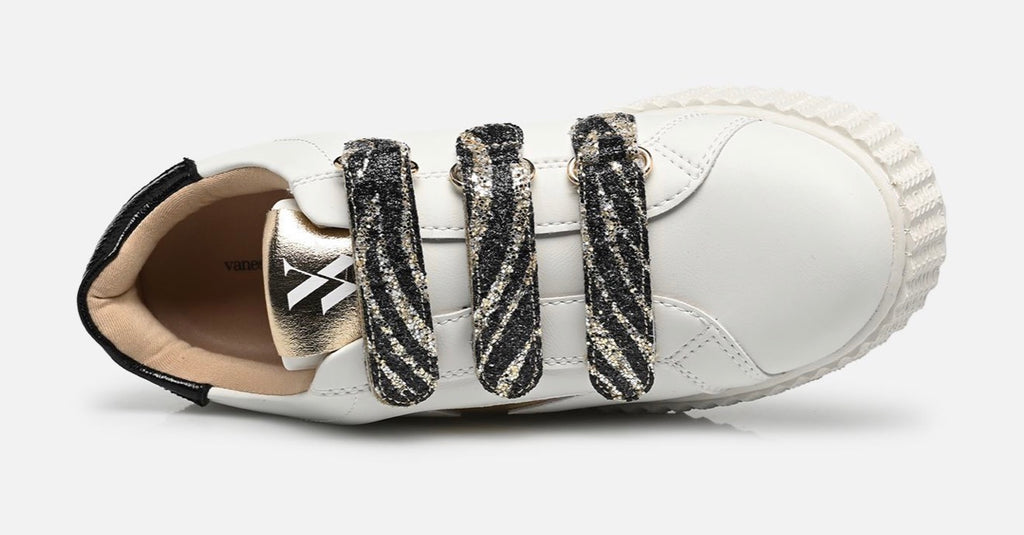 Baskets éclair Vanessa Wu Dorianne blanc et or à scratchs zèbre