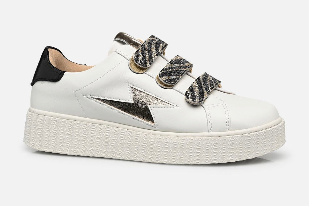 Baskets éclair Vanessa Wu Dorianne blanc et or à scratchs zèbre