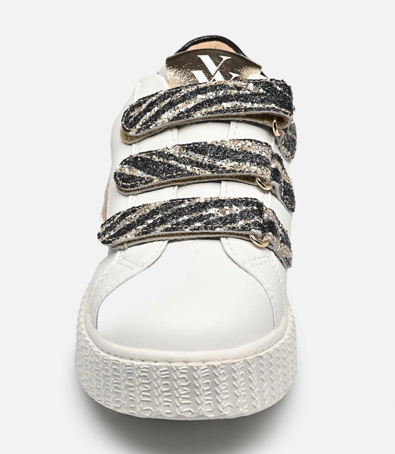 Baskets éclair Vanessa Wu Dorianne blanc et or à scratchs zèbre
