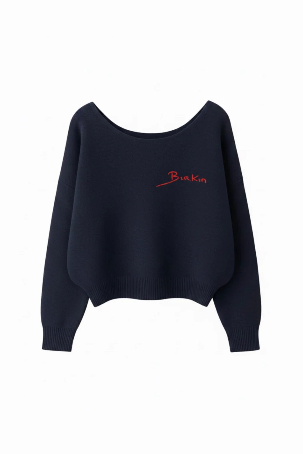 Pull Birkin Brodé – Détail broderie Birkin rouge marine