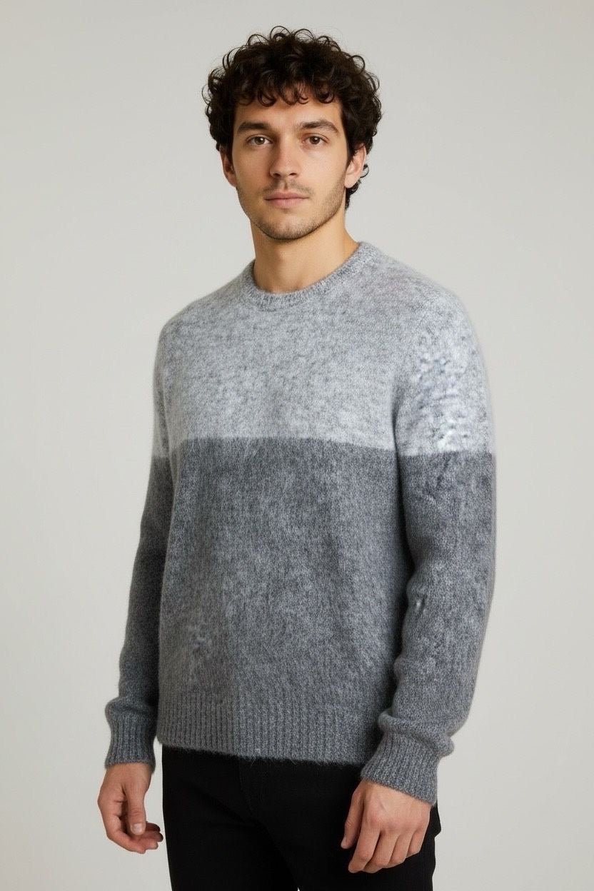 Pull col rond bicolore noir gris maille duveteuse