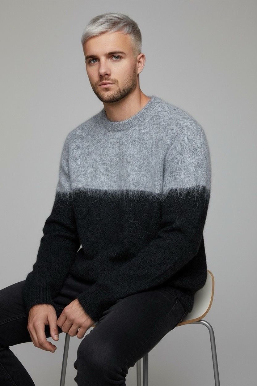 Pull col rond bicolore noir gris maille duveteuse