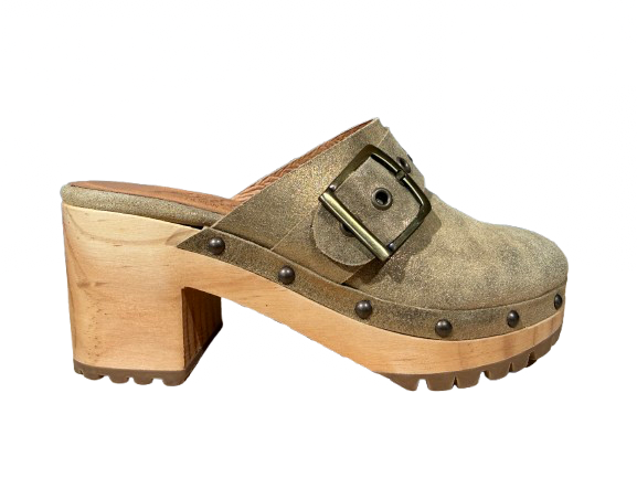 sabot bois cuir doré femme