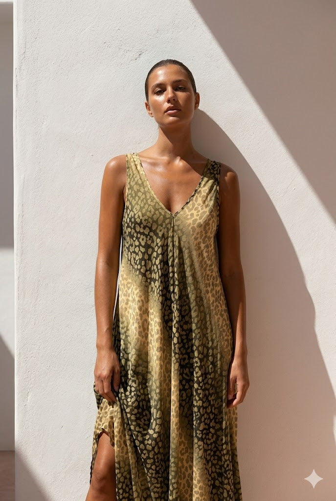 robe longue Leopold kaki viscose et nylon