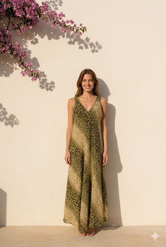 robe longue Leopold kaki viscose et nylon