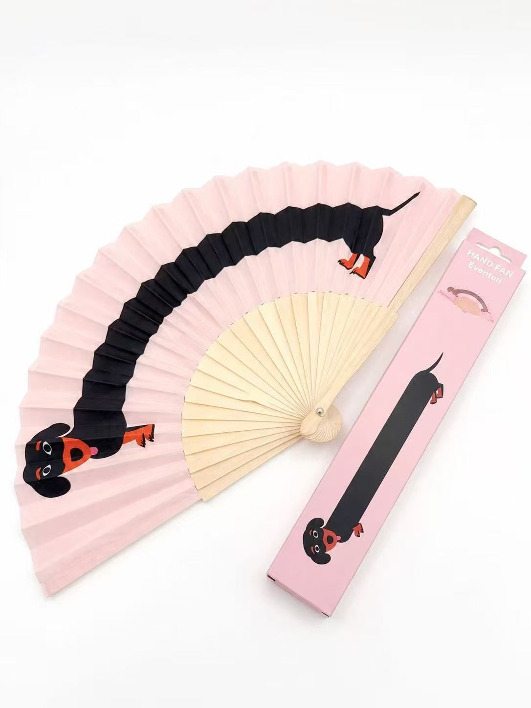 Éventail Teckel - motif chien rose poudré