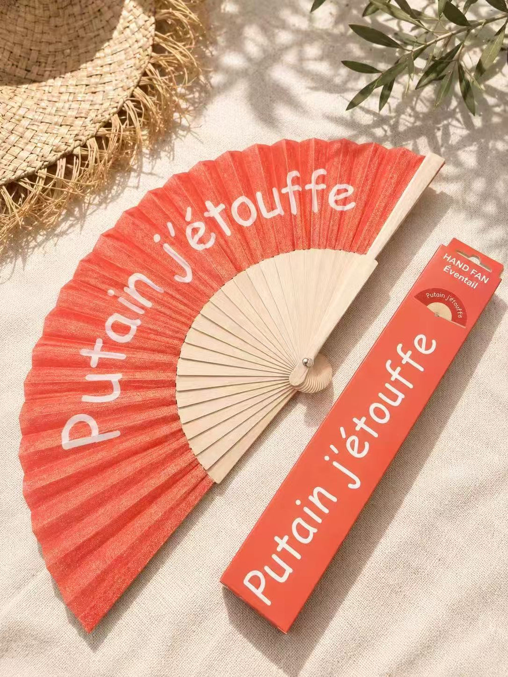 Éventail Putain j'étouffe - rouge corail