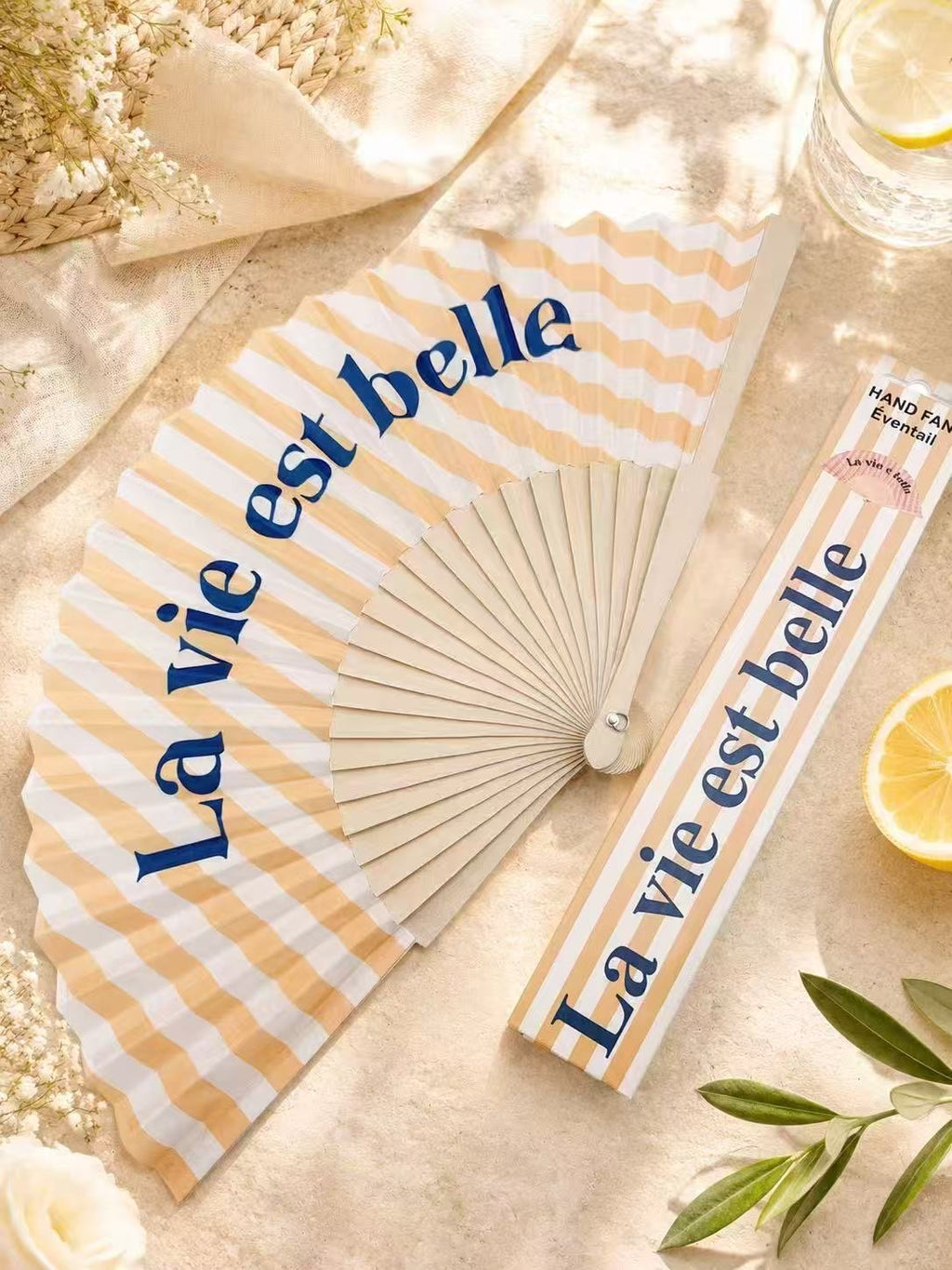 Éventail La vie est belle - rayé beige et blanc