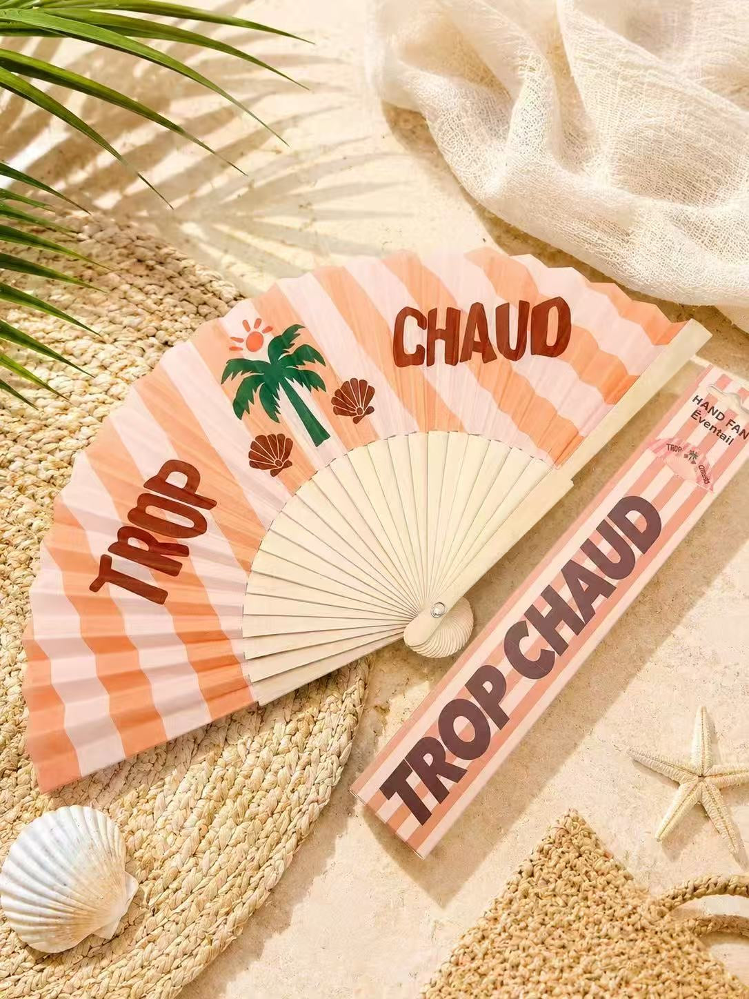 Éventail Trop Chaud - rayé rose saumon palmiers