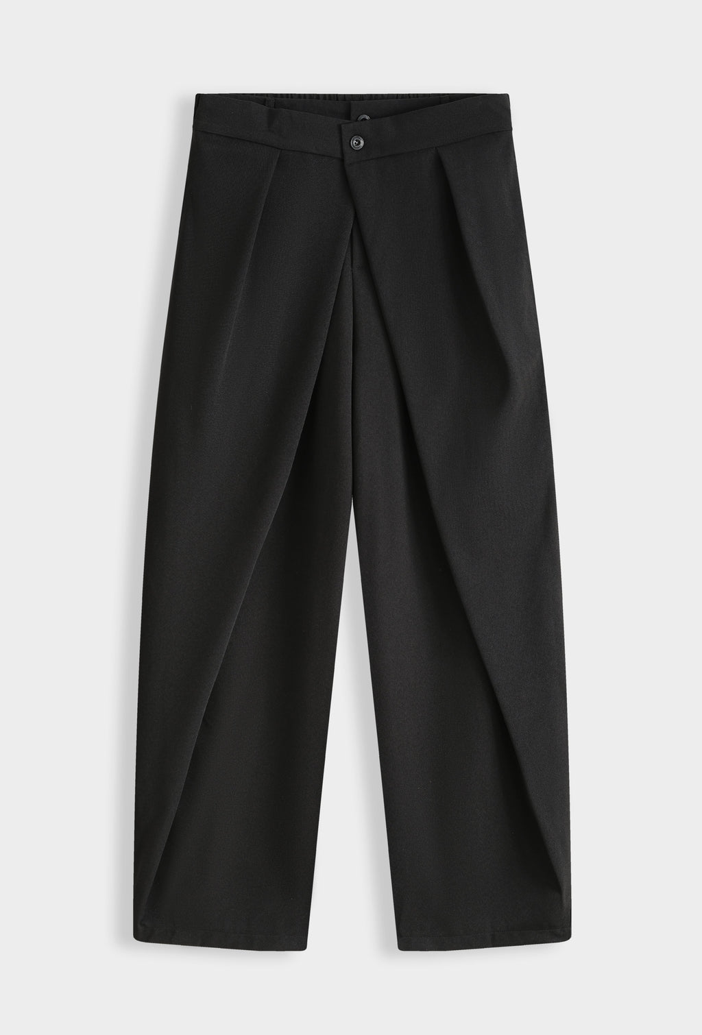 Pantalon jupe-culotte noir à pan drapé asymétrique, vue de face