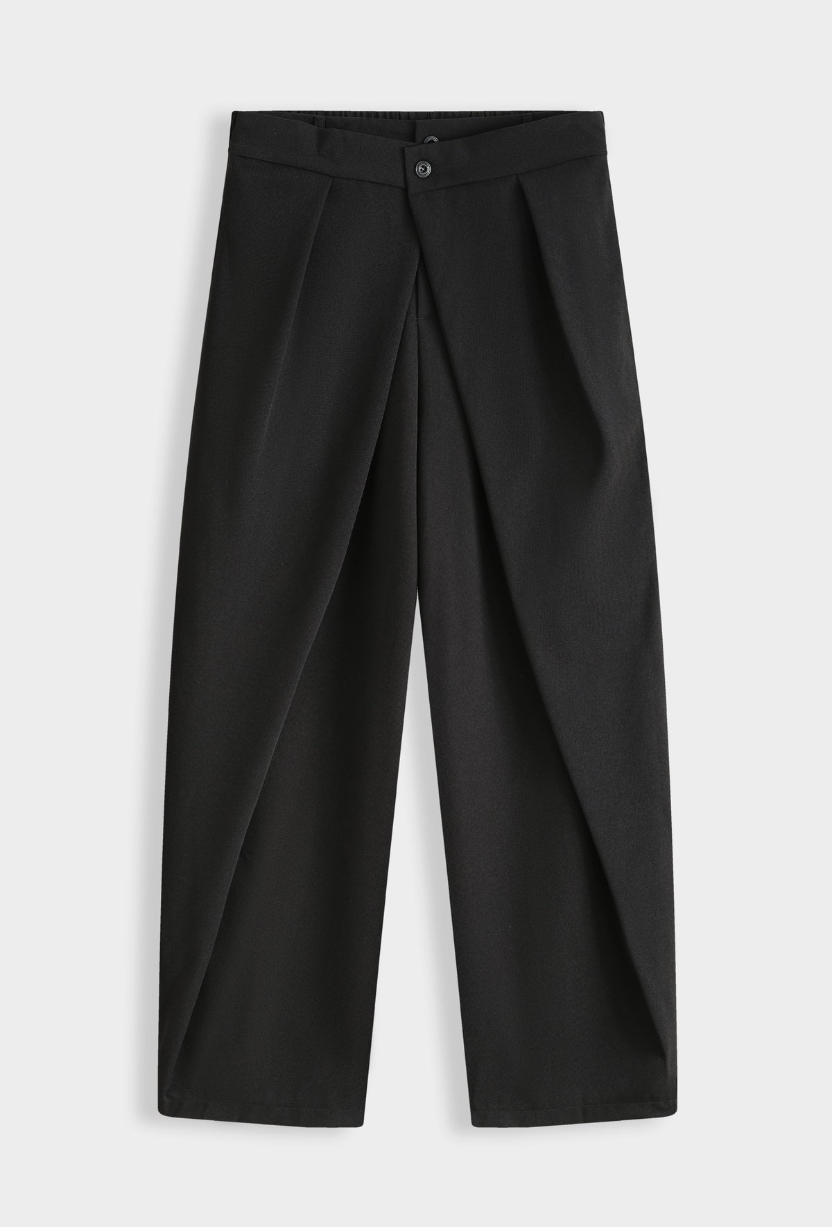 Pantalon jupe-culotte noir à pan drapé asymétrique, vue de face