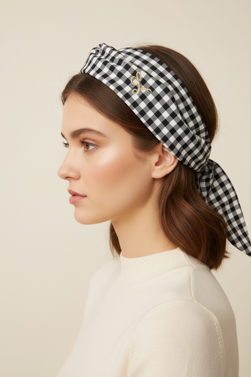 Bandeau vichy noir et blanc large 7cm porté