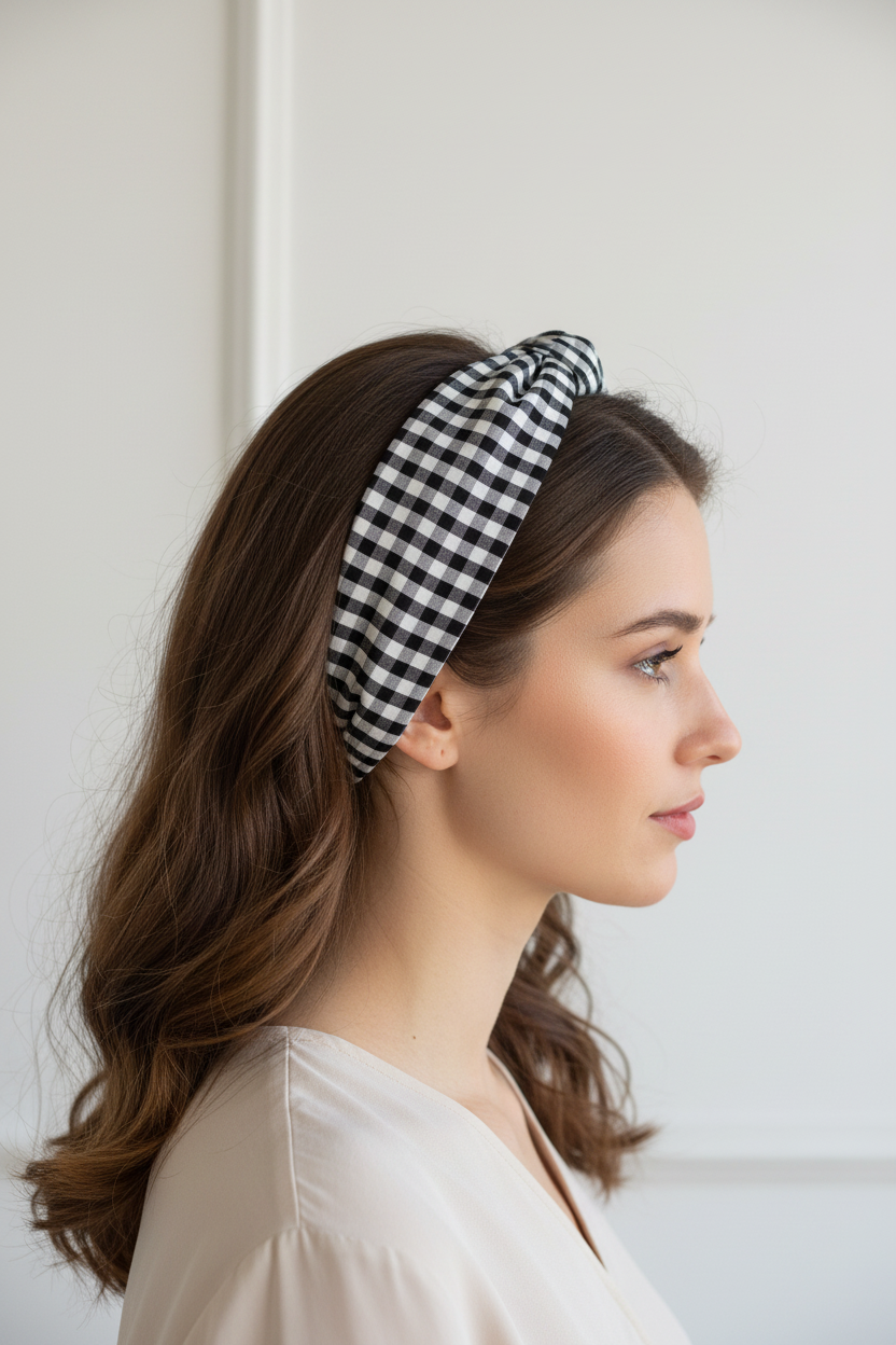 Bandeau vichy noir et blanc porté