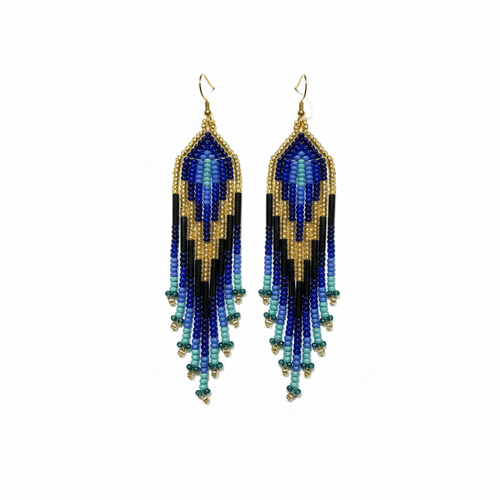 Boucles d'oreilles bleues et dorées fond blanc