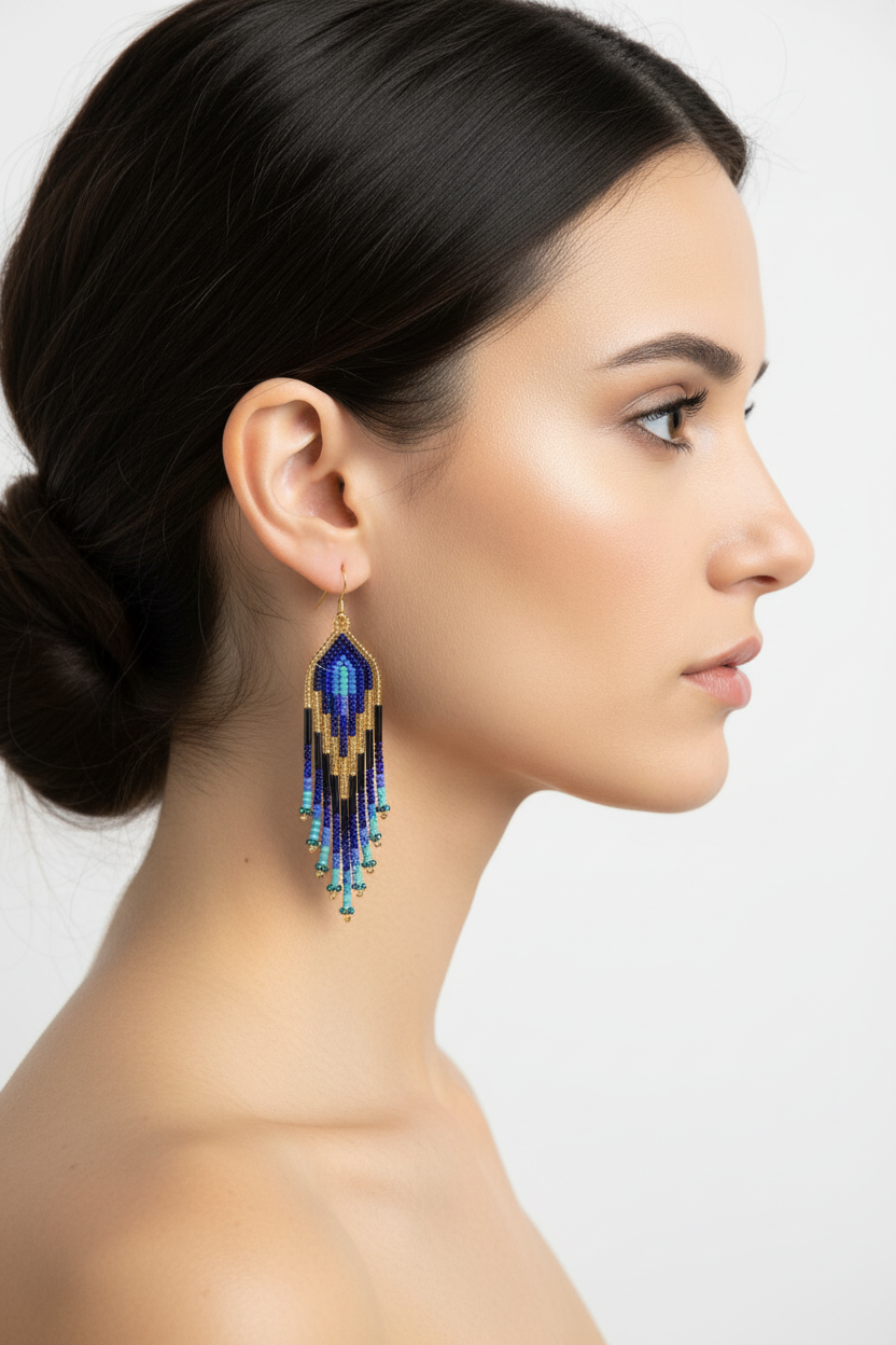 Boucles d'oreilles bleues et dorées portées - version courte
