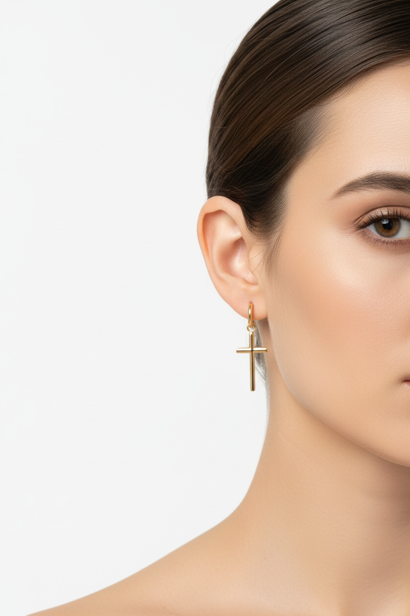 Boucles d'oreilles croix dorées portées 5cm