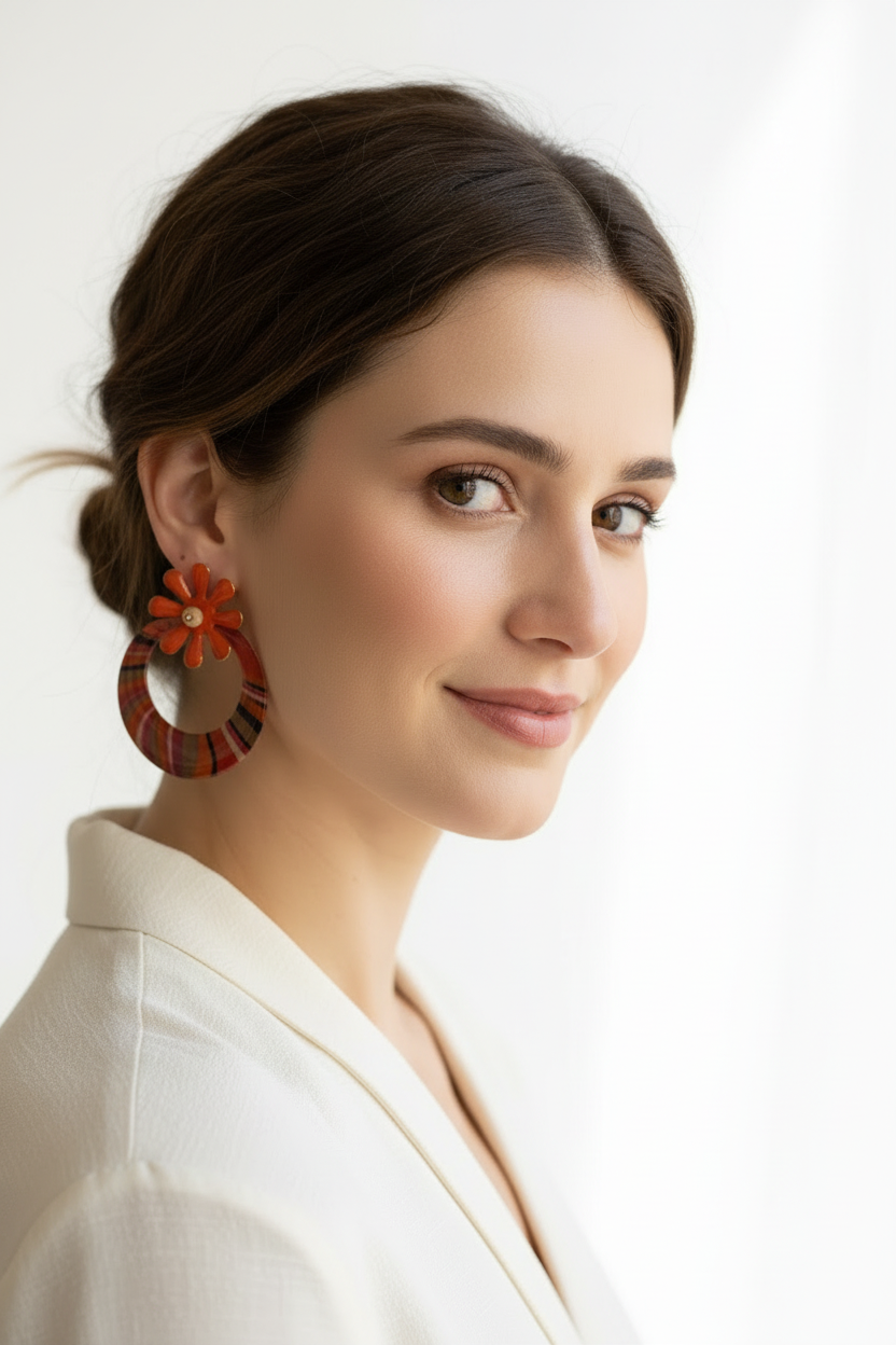 Boucles d'oreilles fleur rouge portées - version lumineuse