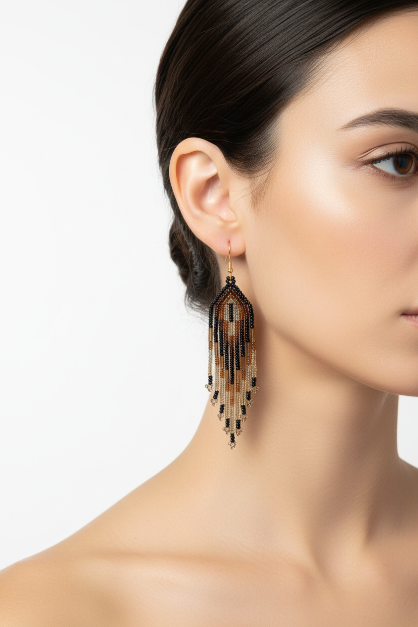 Boucles d'oreilles noires et dorées portées