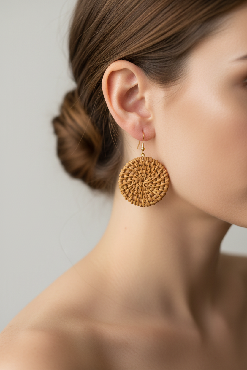 Boucles d'oreilles rotin tressé portées