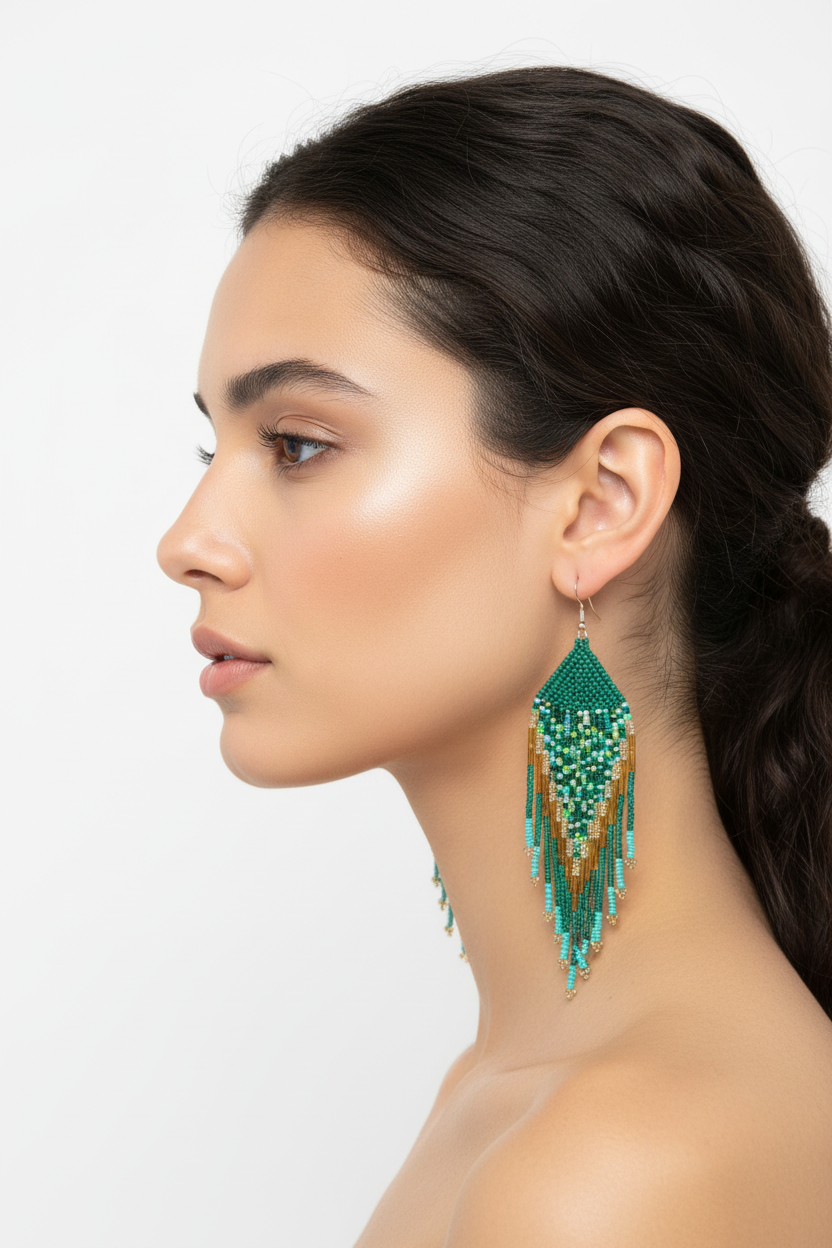 Boucles d'oreilles vertes avec attache argentée portées