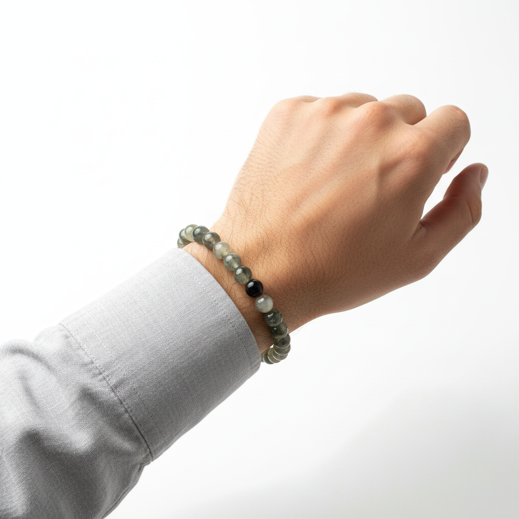 Bracelet en pierres semi-précieuses porté par un homme