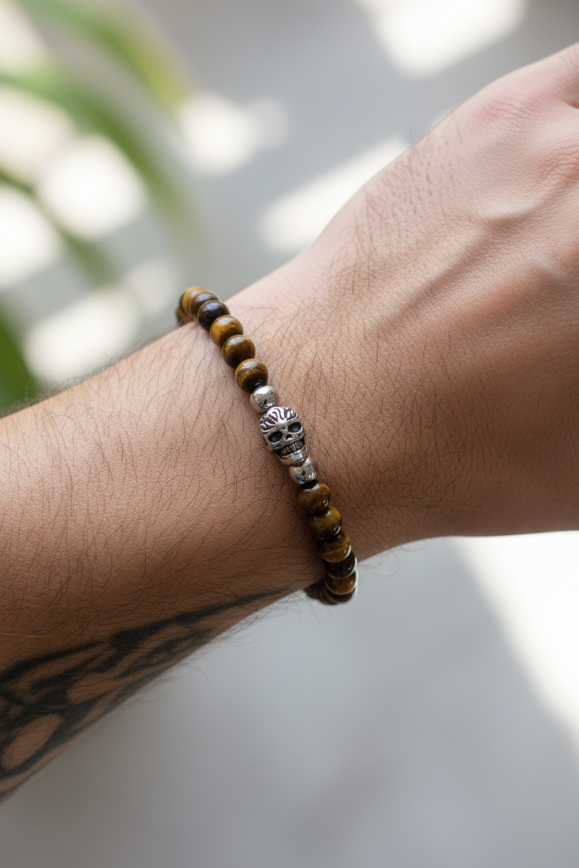 Bracelet œil de tigre tête de mort porté