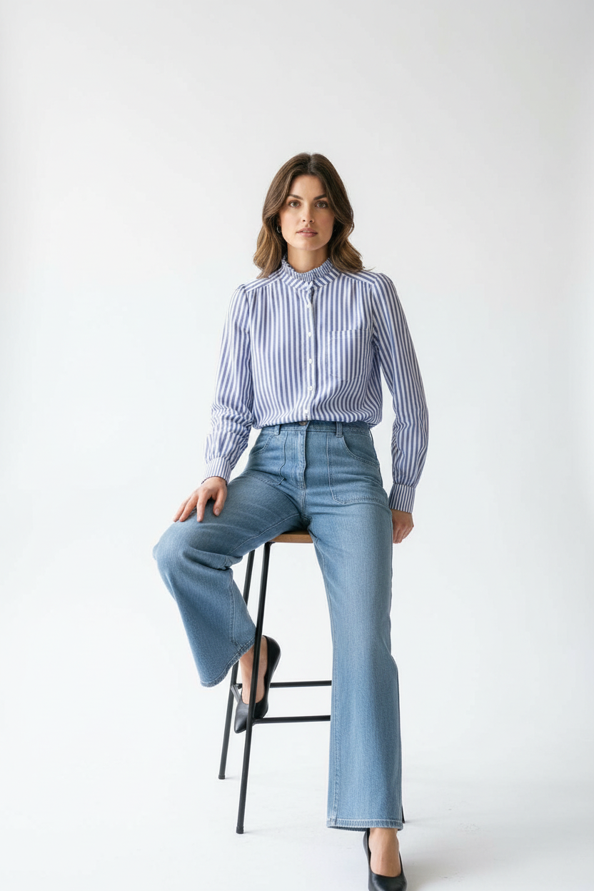 Chemisier rayé bleu - Ycoo - mannequin assise de face