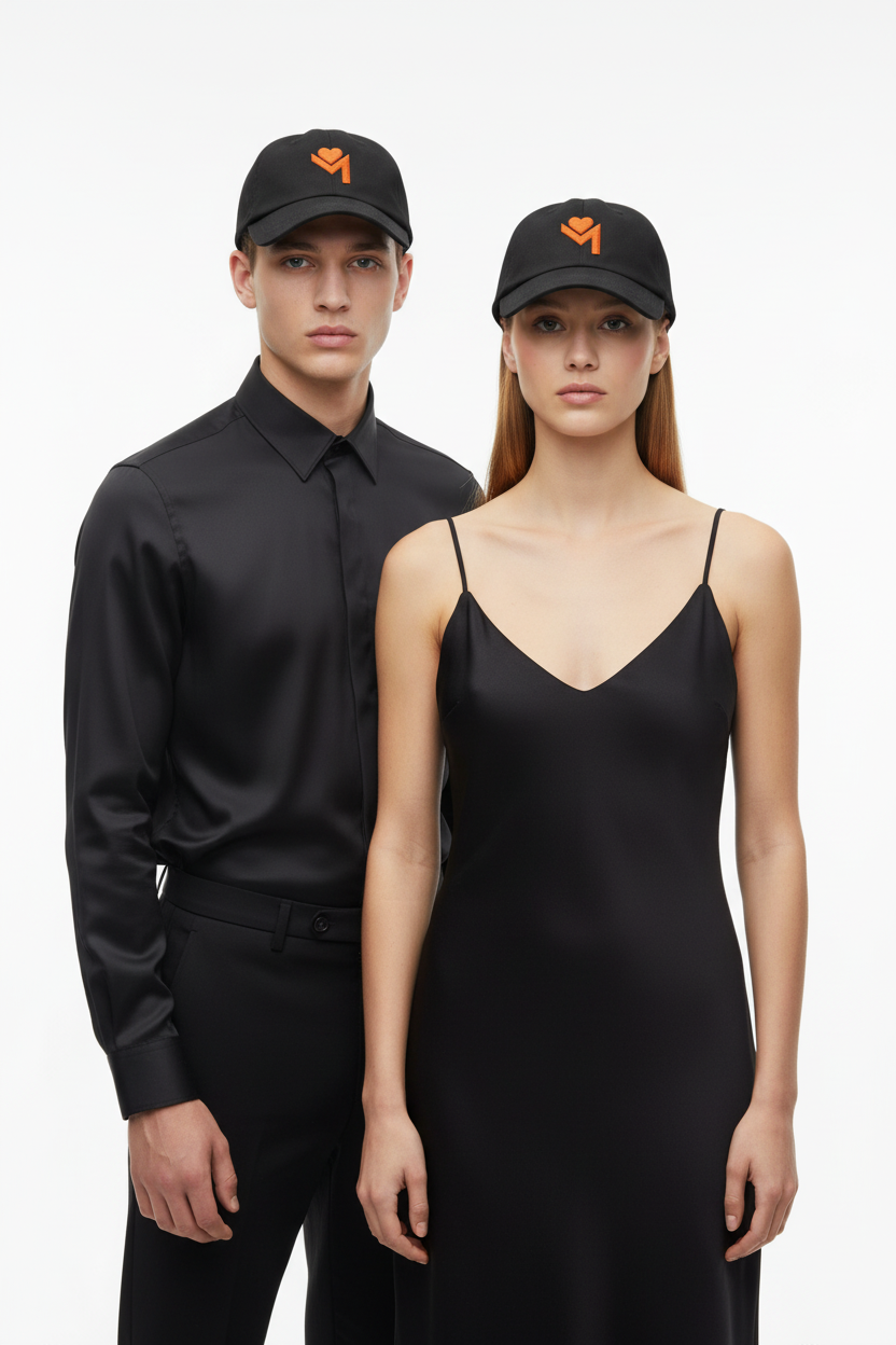 Couple avec casquettes noires logo légèrement réduit