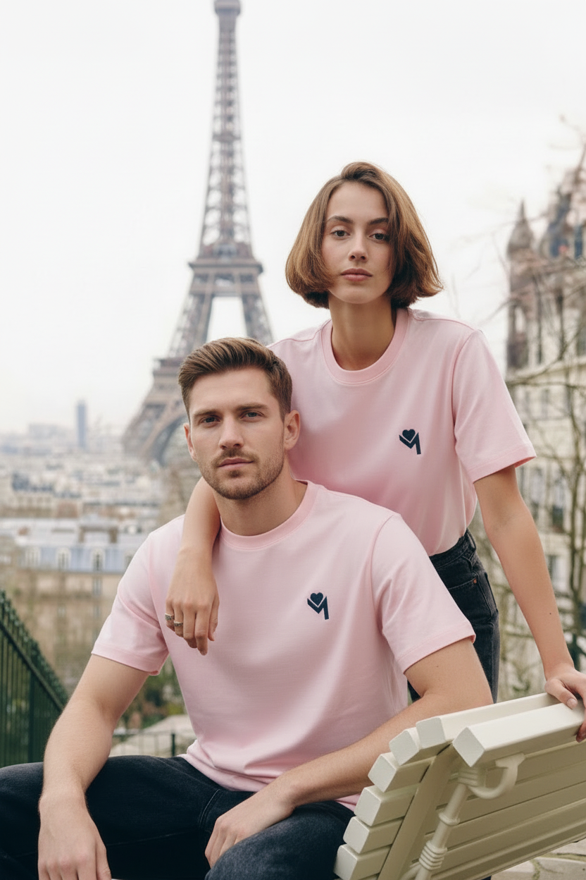 Couple en t-shirts roses assortis à Paris