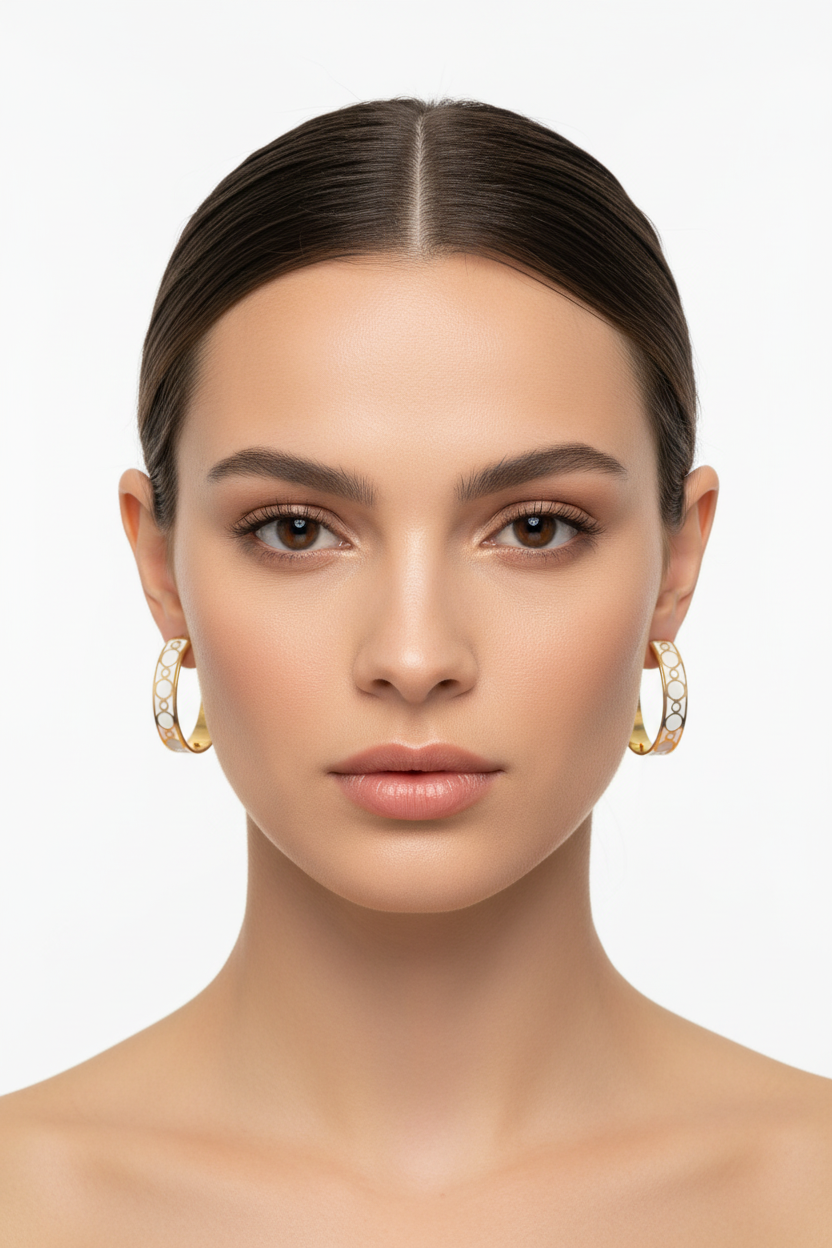 Créoles blanches et or taille moyenne portées