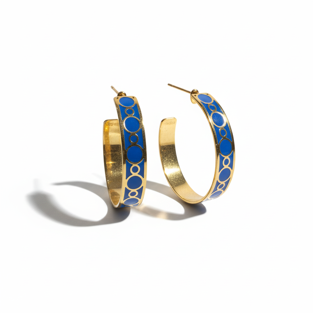 Créoles bleues et dorées tige avec poussette fond blanc