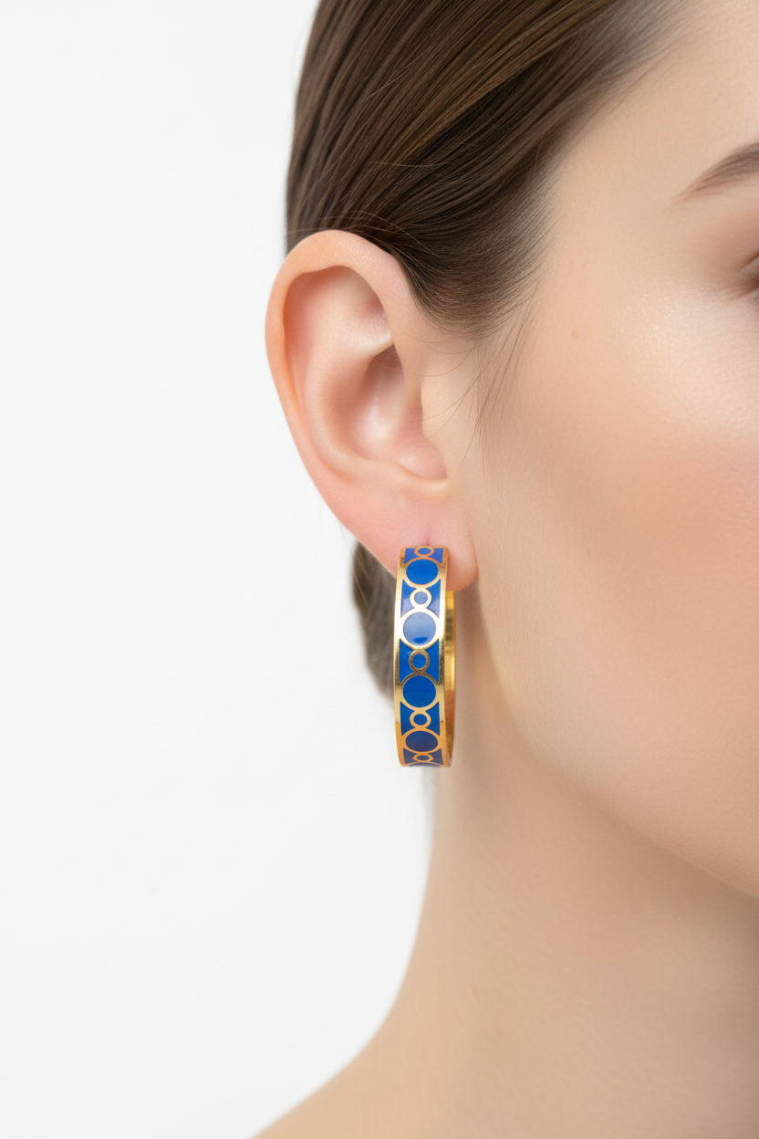 Créoles bleues et or portées sans attache visible