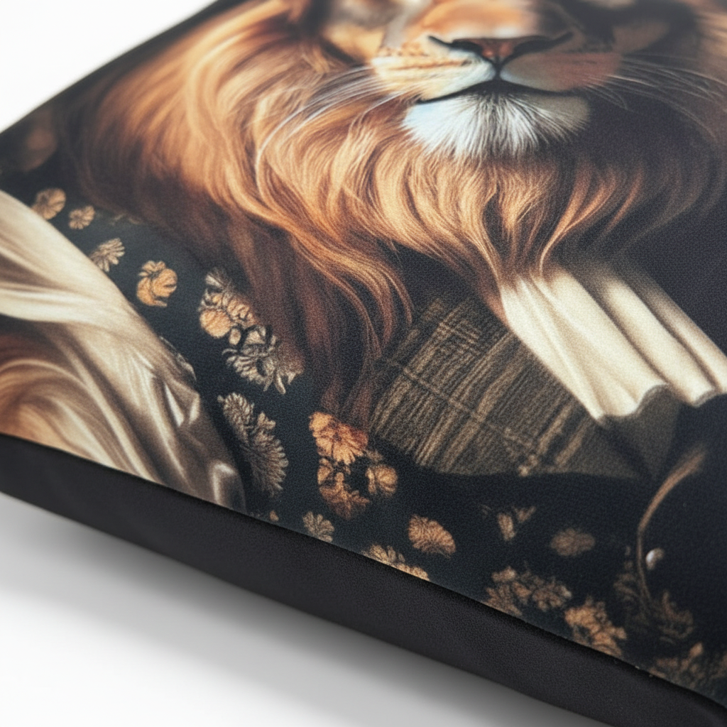 Détail motif lion retourné fond blanc