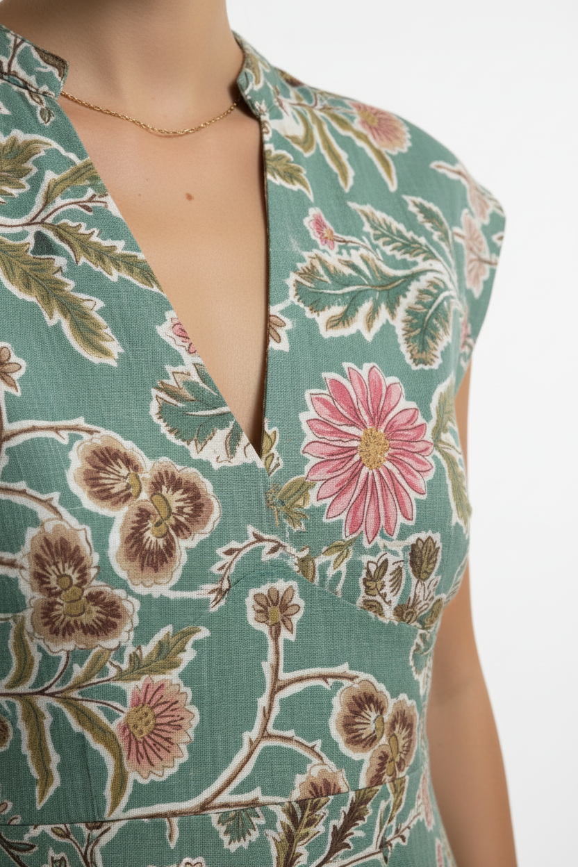 Détail tissu robe florale vert sauge