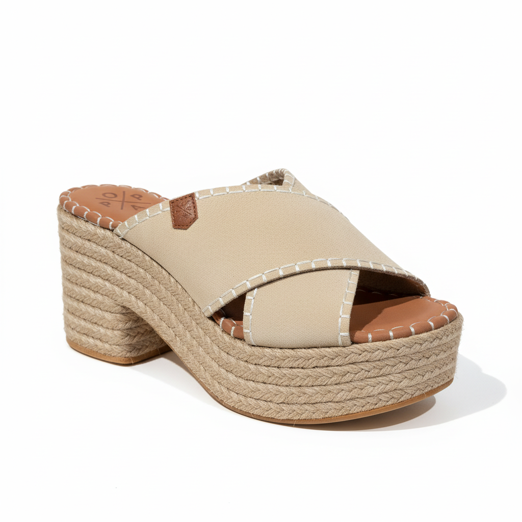 Sandales plateforme beige sur fond blanc