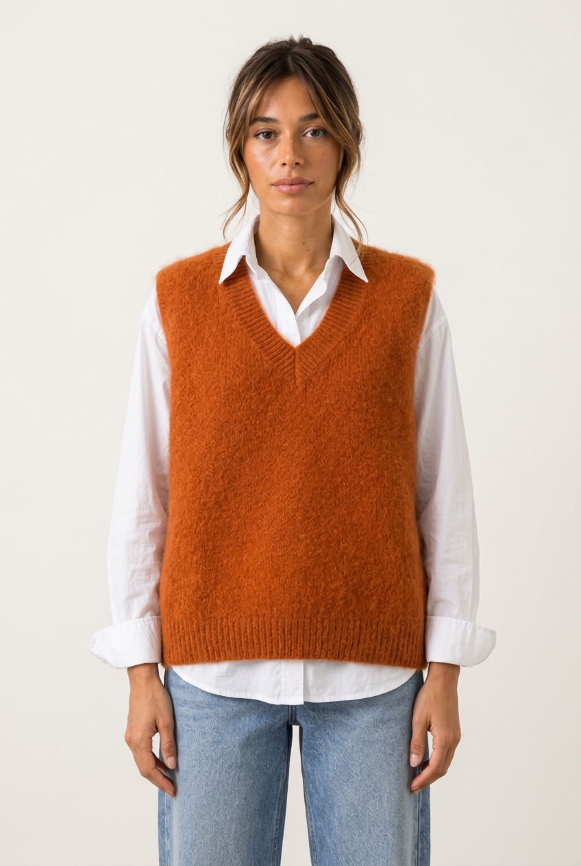 Pull Maëlys orange rouille porté sur un chemisier blanc