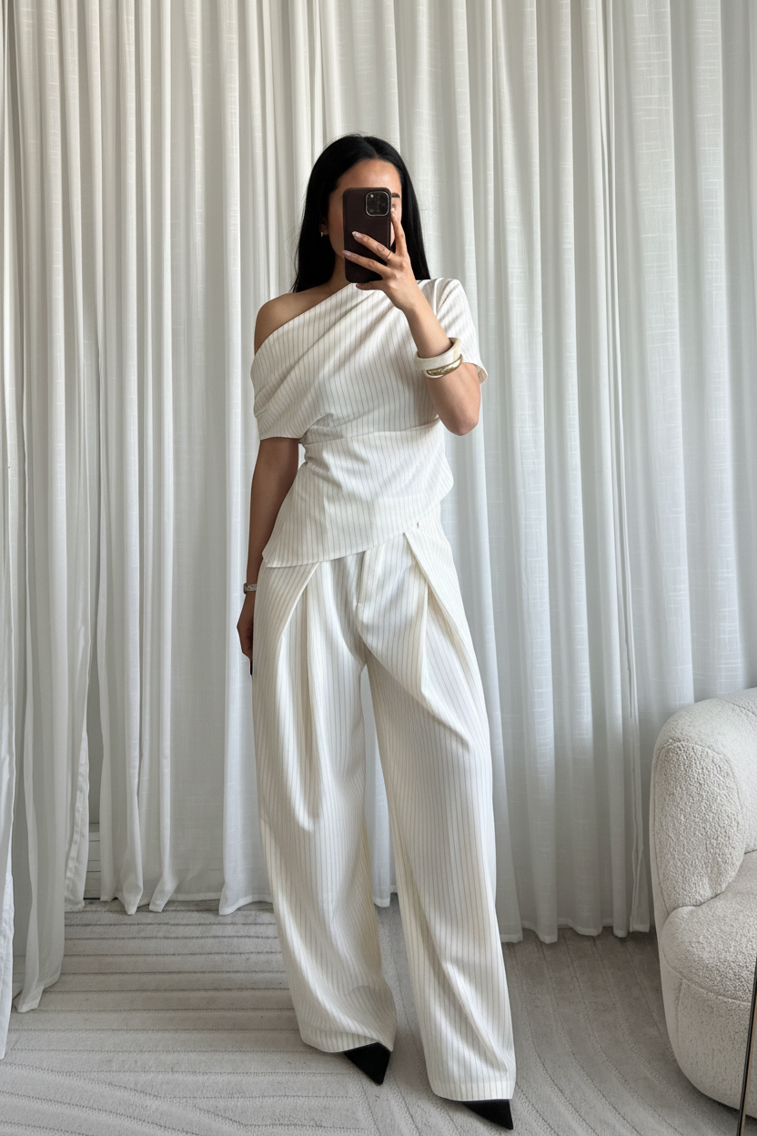 Pantalon large pinstripe blanc - vue de face