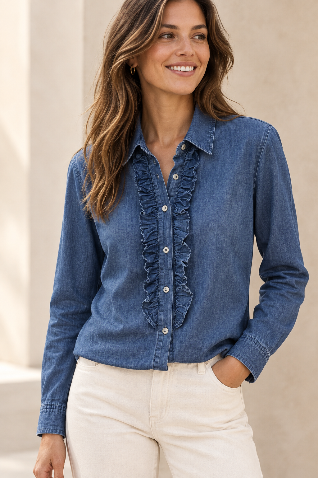 Vue rapprochée du chemisier Ycoo bleu jean avec col chemise et volants