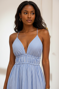Robe longue rayée bleue - détail buste et bretelles
