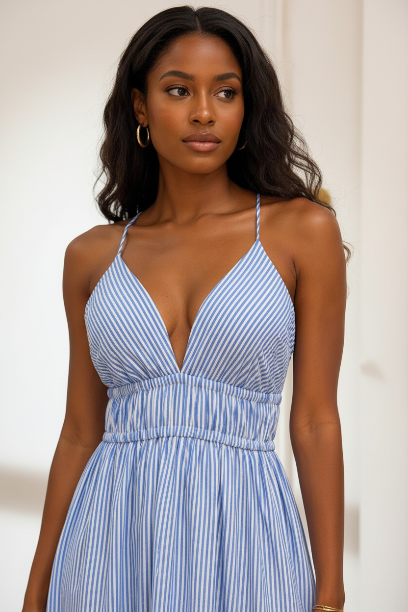 Robe longue rayée bleue - détail buste et bretelles