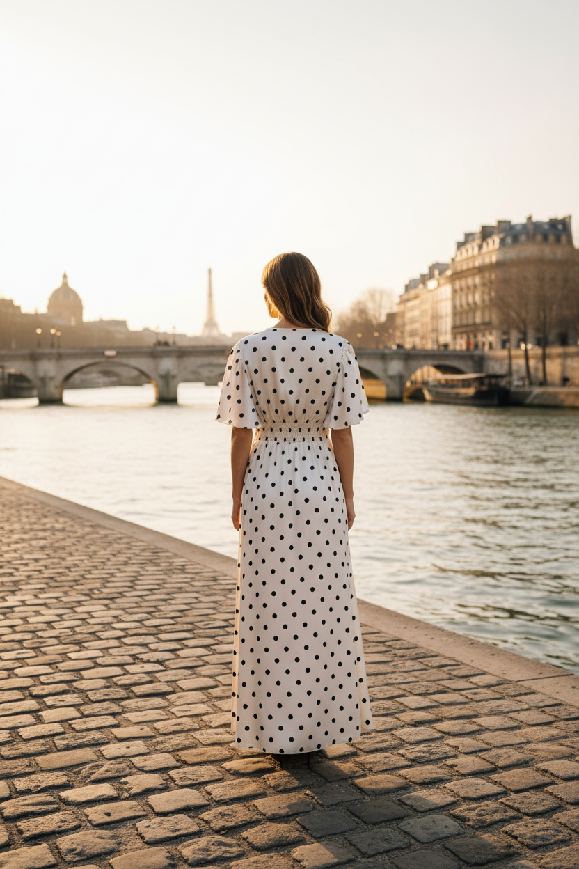 Robe maxi pois écrue - vue de dos sur mannequin