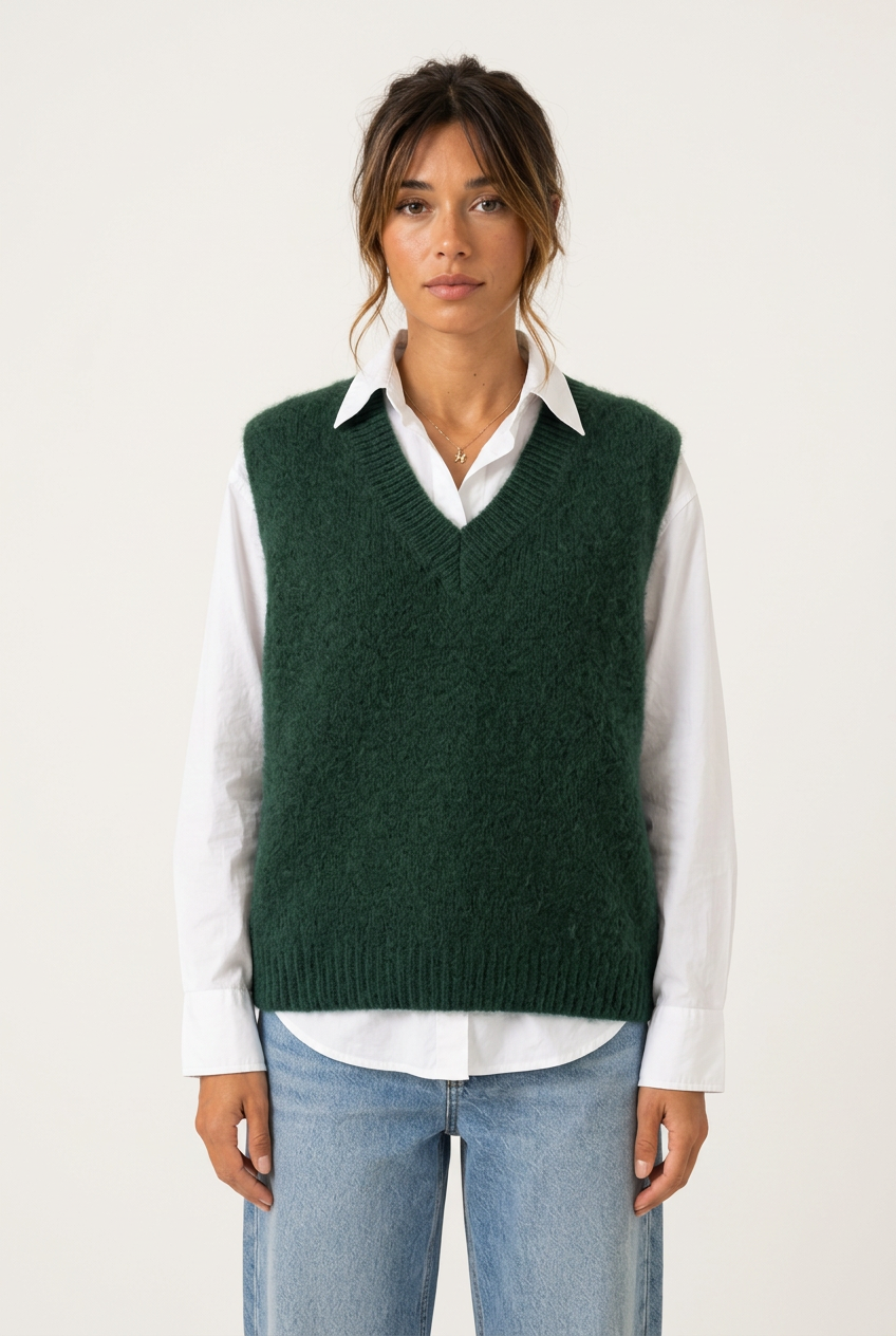 Pull Maëlys vert forêt porté sur un chemisier blanc