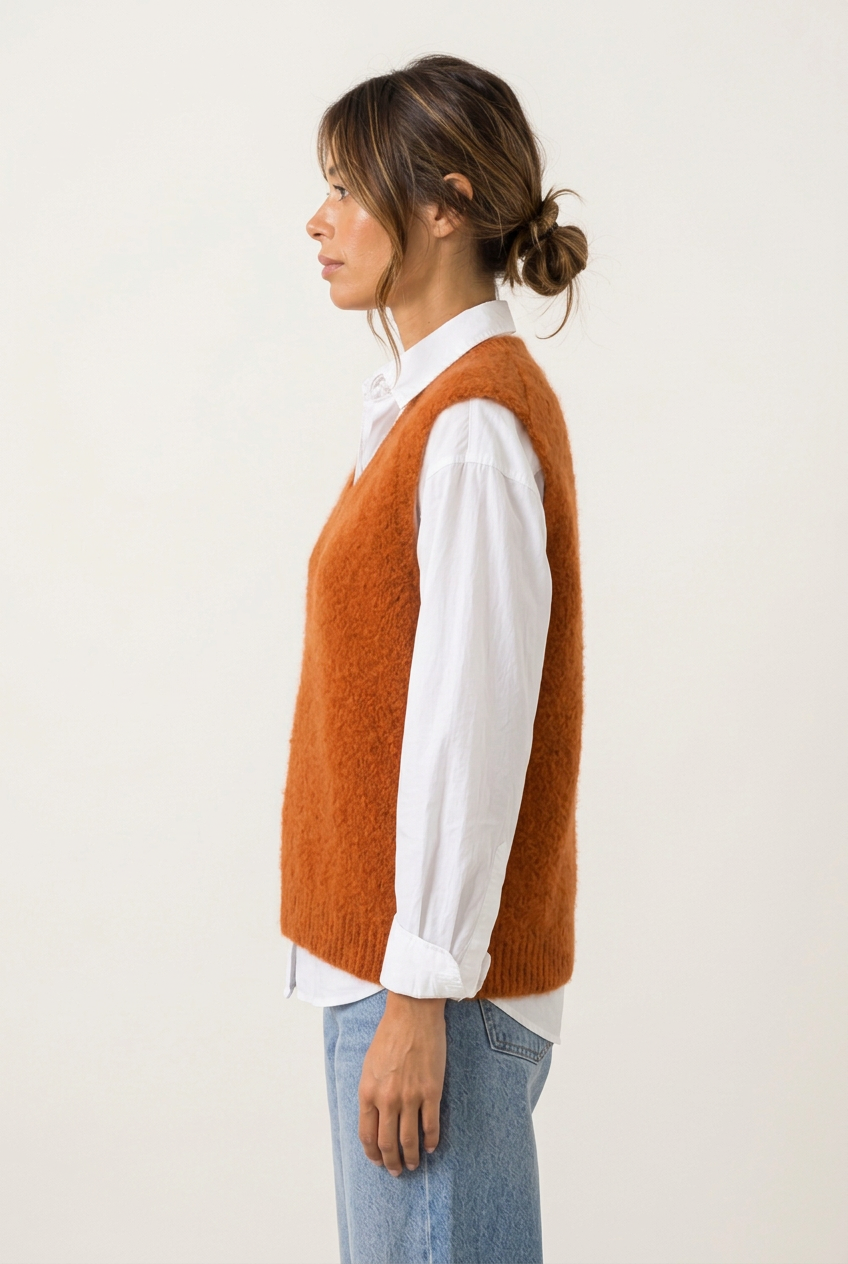 Pull Maëlys orange rouille de profil sur chemisier blanc