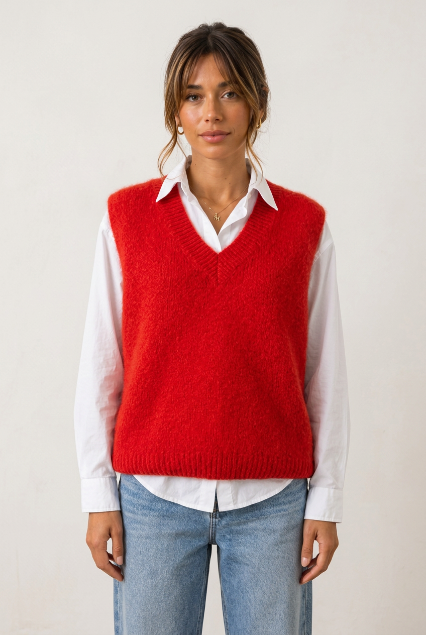 Pull Maëlys rouge porté sur un chemisier blanc
