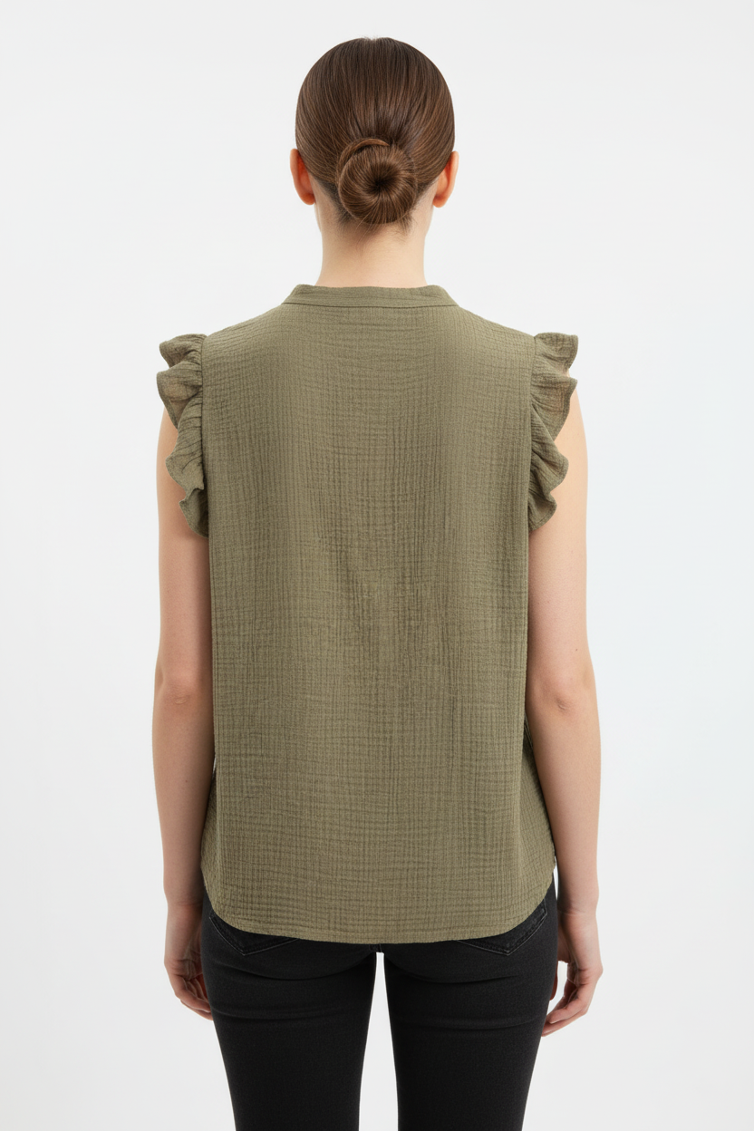 Top gaze de coton kaki porté vue de dos