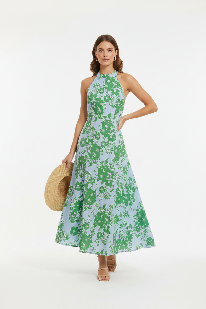 Robe fleurie halter neck vert - vue de face studio