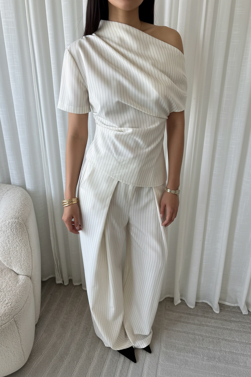 Top asymétrique pinstripe blanc - vue de face