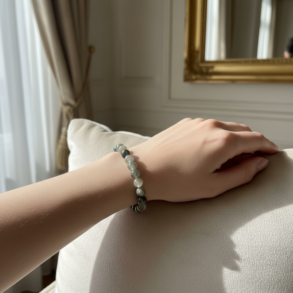 Bracelet en pierres semi-précieuses naturelles porté au poignet sur fond blanc luxe