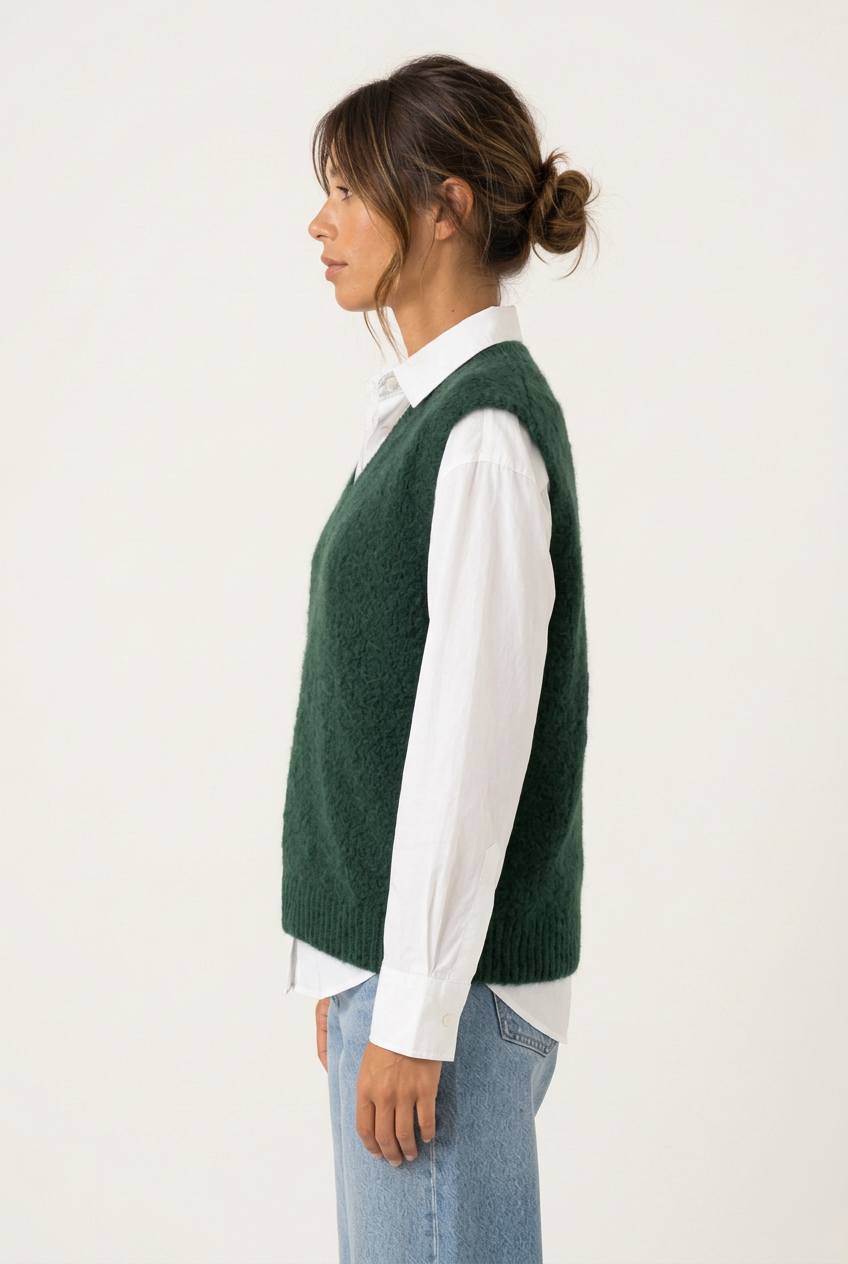 Pull Maëlys vert forêt de profil sur chemisier blanc